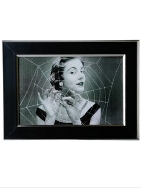Vintage Woman in weaving a SpiderWeb retro 60s spooky fall autumn Gothic art
